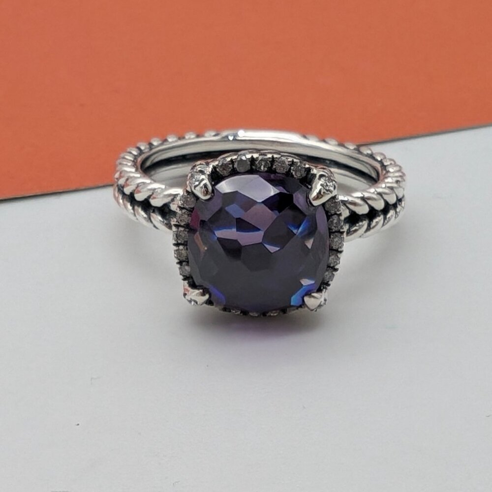 DAVID YURMAN Chatelaine 9mm Amethyst Ring Diamonds Sterling Silver size 6.5